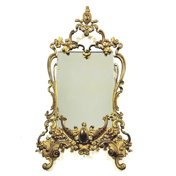 Rococo Style Gilded Brass Floral Decorated Ornate Mirror - Picture 1 of 12